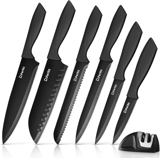 7 PCS Black Knife Set with Sharpener Small Kitchen Knives Set | Space-Saving without Block Comfortable Handle Super Sharp Blade