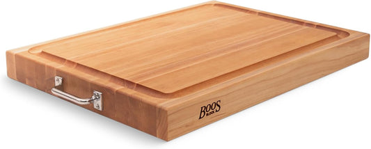 Handle Boards Series Rectangular Wooden Maple Cutting Board 24”x18” – 2.25” Thick, 30-lb Reversible Butcher Block with Juice Groove, Edge-Grain & Metal Handles