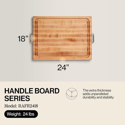 Handle Boards Series Rectangular Wooden Maple Cutting Board 24”x18” – 2.25” Thick, 30-lb Reversible Butcher Block with Juice Groove, Edge-Grain & Metal Handles