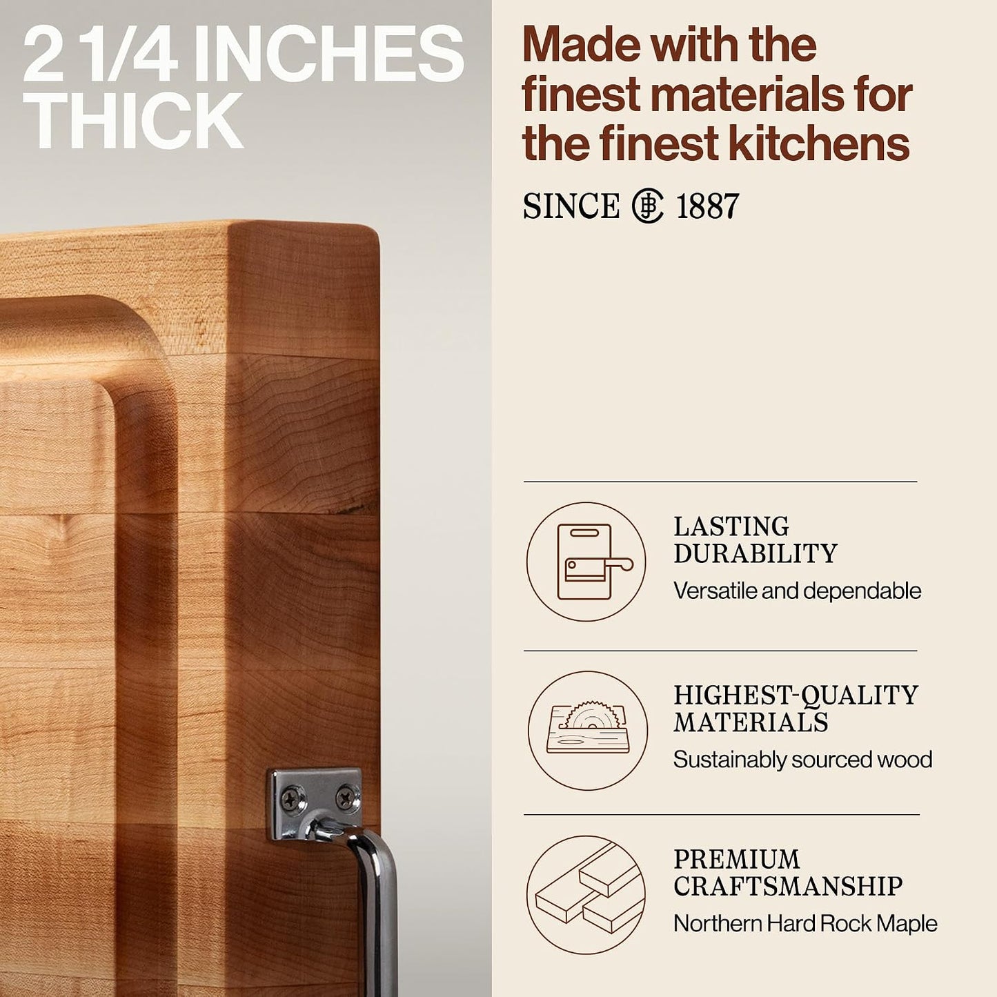 Handle Boards Series Rectangular Wooden Maple Cutting Board 24”x18” – 2.25” Thick, 30-lb Reversible Butcher Block with Juice Groove, Edge-Grain & Metal Handles