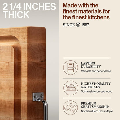 Handle Boards Series Rectangular Wooden Maple Cutting Board 24”x18” – 2.25” Thick, 30-lb Reversible Butcher Block with Juice Groove, Edge-Grain & Metal Handles