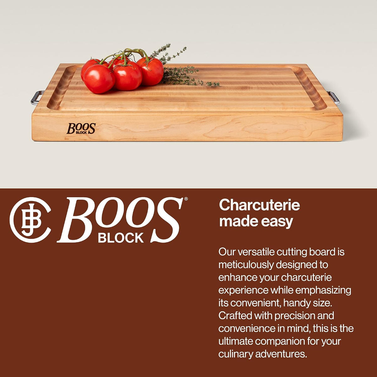 Handle Boards Series Rectangular Wooden Maple Cutting Board 24”x18” – 2.25” Thick, 30-lb Reversible Butcher Block with Juice Groove, Edge-Grain & Metal Handles