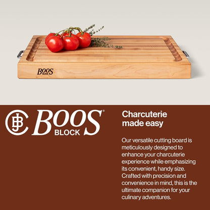 Handle Boards Series Rectangular Wooden Maple Cutting Board 24”x18” – 2.25” Thick, 30-lb Reversible Butcher Block with Juice Groove, Edge-Grain & Metal Handles