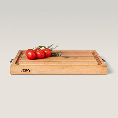 Handle Boards Series Rectangular Wooden Maple Cutting Board 24”x18” – 2.25” Thick, 30-lb Reversible Butcher Block with Juice Groove, Edge-Grain & Metal Handles