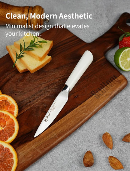 3.5 Inch Paring Knife – German Stainless Steel, Ergonomic Ivory White Handle, Minimalist Small Kitchen Knife for Peeling & Cutting, Ideal Gift for Chefs, Cooks