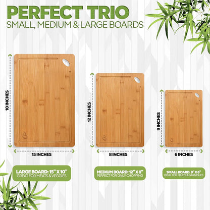 Wood Cutting Boards Set of 3 – Non-Toxic Bamboo Chopping Boards for Kitchen with Deep Juice Grooves – Durable, Eco-Friendly Wooden Serving Boards for Meat, Vegetables & Fruit