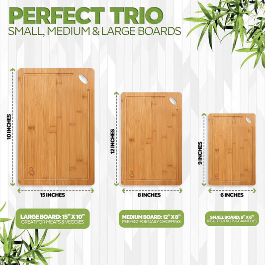 Wood Cutting Boards Set of 3 – Non-Toxic Bamboo Chopping Boards for Kitchen with Deep Juice Grooves – Durable, Eco-Friendly Wooden Serving Boards for Meat, Vegetables & Fruit