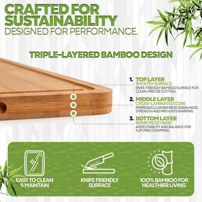 Wood Cutting Boards Set of 3 – Non-Toxic Bamboo Chopping Boards for Kitchen with Deep Juice Grooves – Durable, Eco-Friendly Wooden Serving Boards for Meat, Vegetables & Fruit