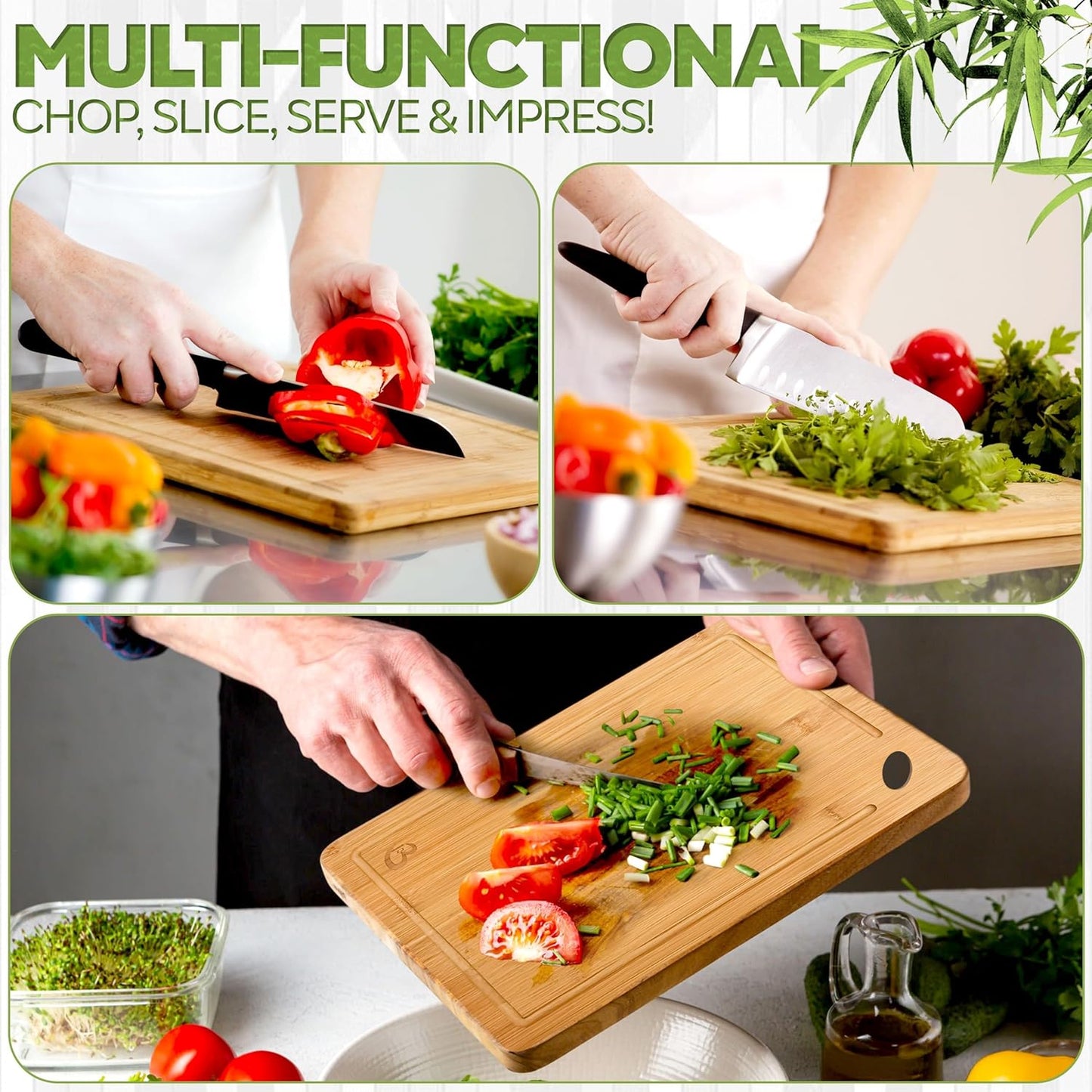Wood Cutting Boards Set of 3 – Non-Toxic Bamboo Chopping Boards for Kitchen with Deep Juice Grooves – Durable, Eco-Friendly Wooden Serving Boards for Meat, Vegetables & Fruit