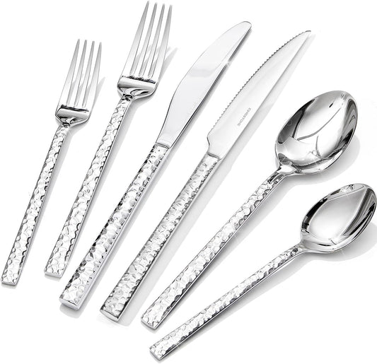 24 Piece Silverware Set with Steak Knives, Hammered Silverware Set for 4, 18/10 Stainless Steel Flatware, Cutlery Set for Home, Party, Wedding, Mirror Polished Dishwasher Safe