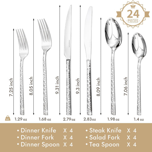 24 Piece Silverware Set with Steak Knives, Hammered Silverware Set for 4, 18/10 Stainless Steel Flatware, Cutlery Set for Home, Party, Wedding, Mirror Polished Dishwasher Safe