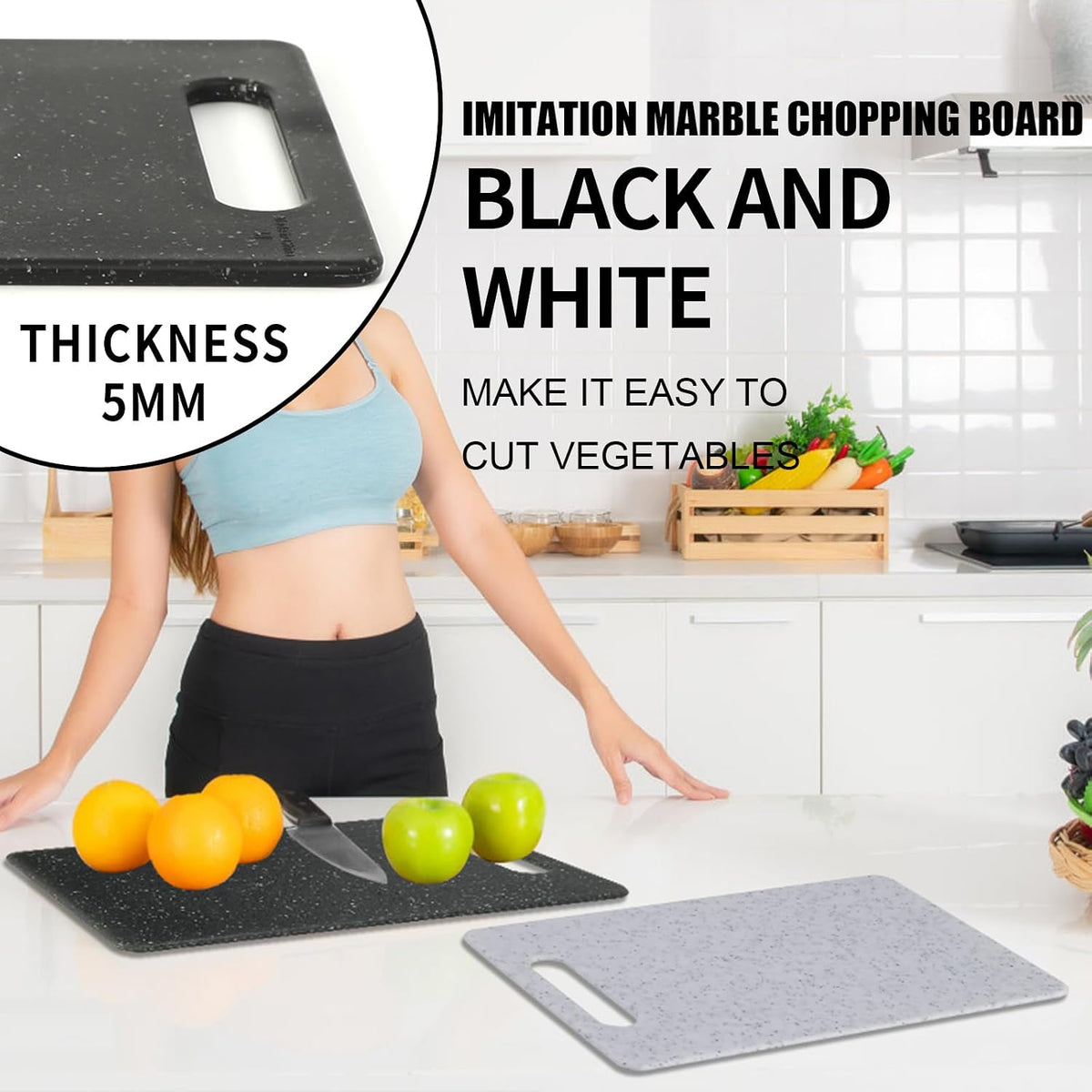 2 Pcs Small Cutting Board for Kitchen Mini Plastic Granite Color Cutting Board Dishwasher Safe Cutting Boards for Food Prep, Fruits, Vegetables with Easy Grip (White,Black)
