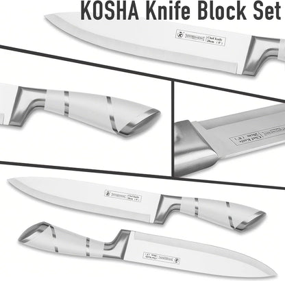 Kitchen Knife Set, 9 Piece Knife Set with Block, with Sharpener, High Carbon Stainless Steel Accessories for Kitchen, Rust Proof, Non-Stick Coated, Ergonomic Hollow Horseshoe-shaped Handle