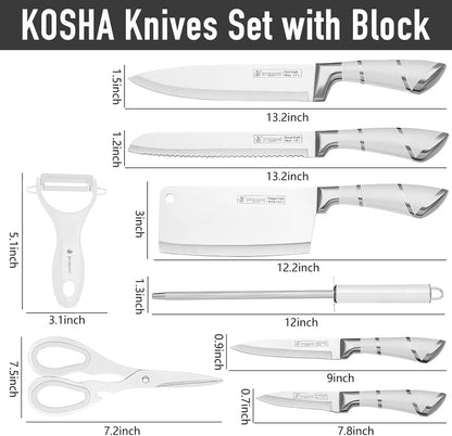 Kitchen Knife Set, 9 Piece Knife Set with Block, with Sharpener, High Carbon Stainless Steel Accessories for Kitchen, Rust Proof, Non-Stick Coated, Ergonomic Hollow Horseshoe-shaped Handle
