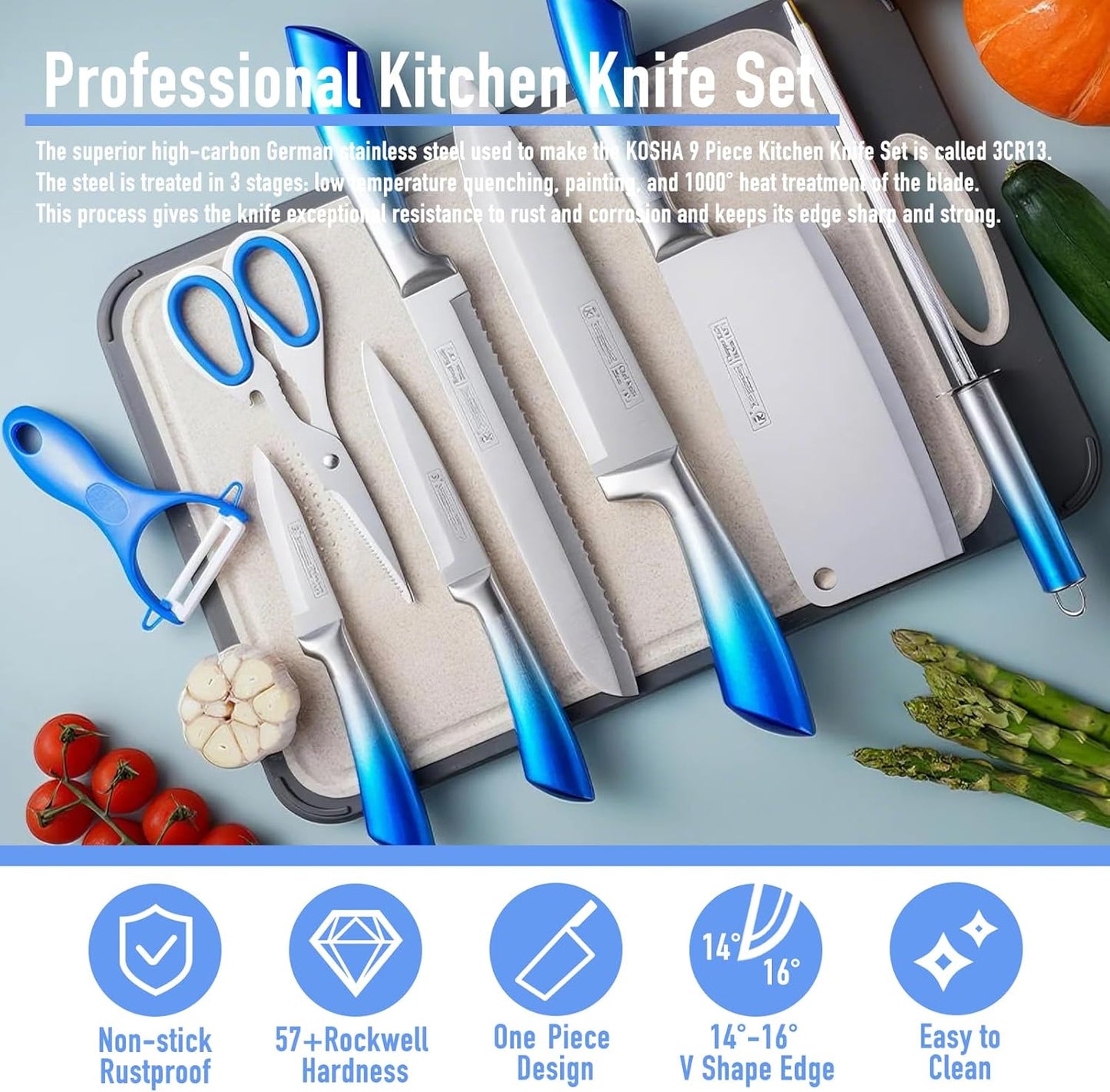 Kitchen Knife Set, 9 Piece Knife Set with Block, with Sharpener, High Carbon Stainless Steel Accessories for Kitchen, Rust Proof, Non-Stick Coated, Ergonomic Hollow Horseshoe-shaped Handle