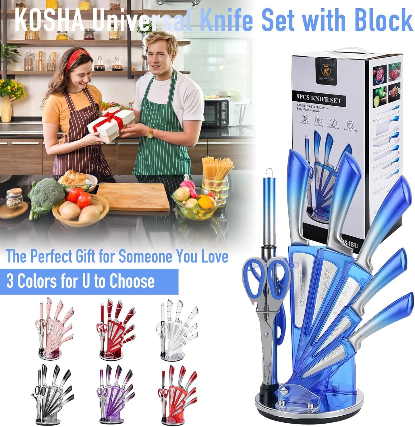 Kitchen Knife Set, 9 Piece Knife Set with Block, with Sharpener, High Carbon Stainless Steel Accessories for Kitchen, Rust Proof, Non-Stick Coated, Ergonomic Hollow Horseshoe-shaped Handle