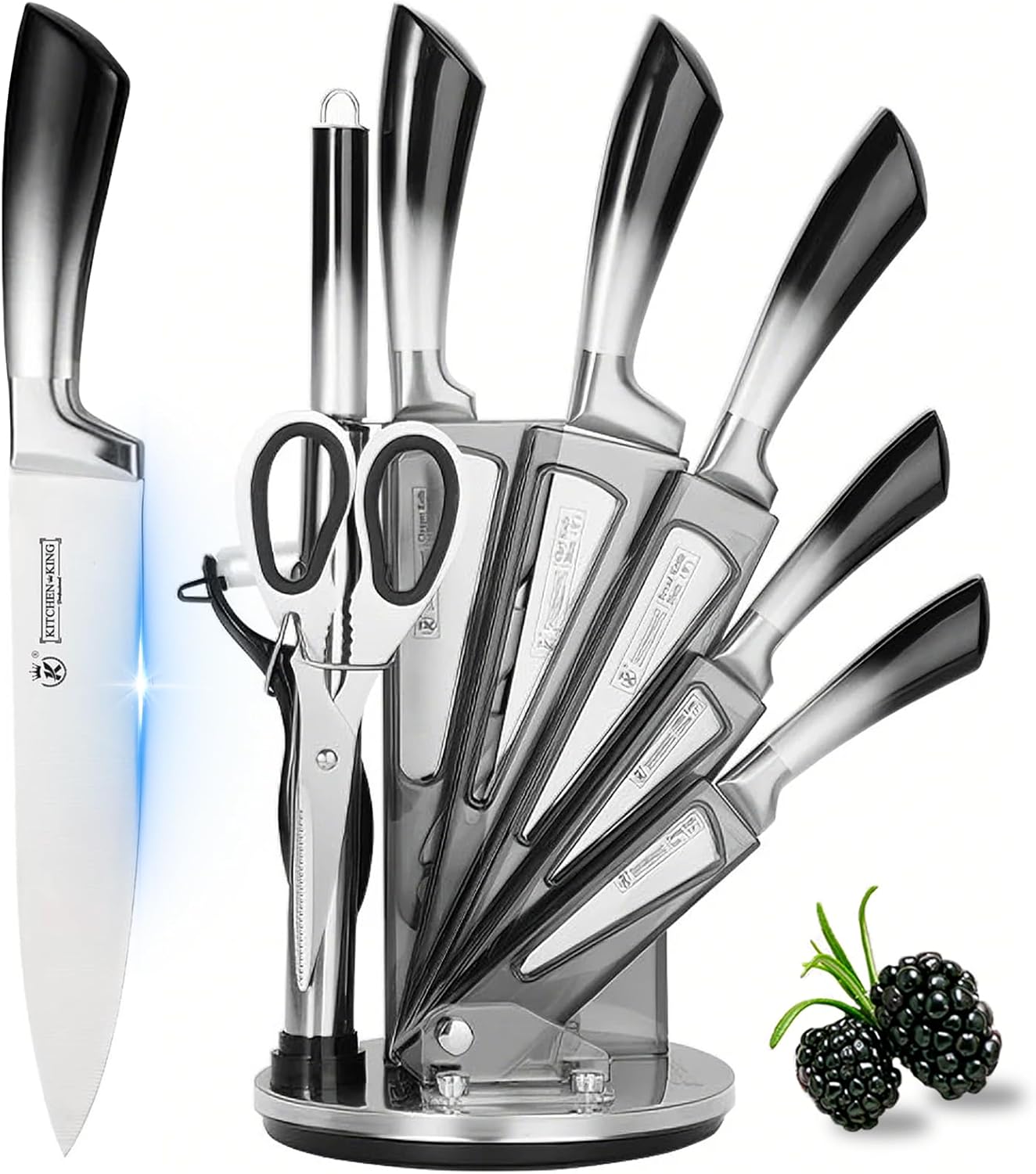 Kitchen Knife Set, 9 Piece Knife Set with Block, with Sharpener, High Carbon Stainless Steel Accessories for Kitchen, Rust Proof, Non-Stick Coated, Ergonomic Hollow Horseshoe-shaped Handle