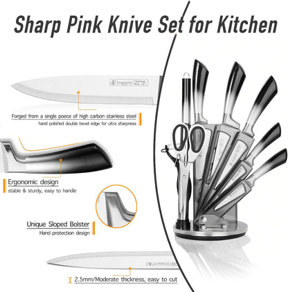 Kitchen Knife Set, 9 Piece Knife Set with Block, with Sharpener, High Carbon Stainless Steel Accessories for Kitchen, Rust Proof, Non-Stick Coated, Ergonomic Hollow Horseshoe-shaped Handle