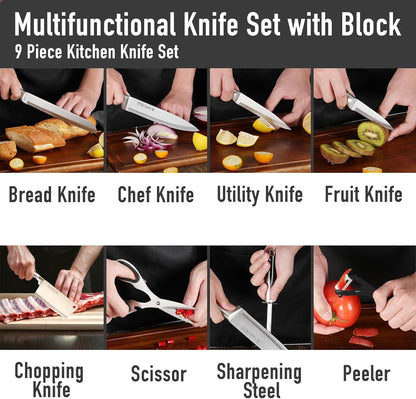 Kitchen Knife Set, 9 Piece Knife Set with Block, with Sharpener, High Carbon Stainless Steel Accessories for Kitchen, Rust Proof, Non-Stick Coated, Ergonomic Hollow Horseshoe-shaped Handle