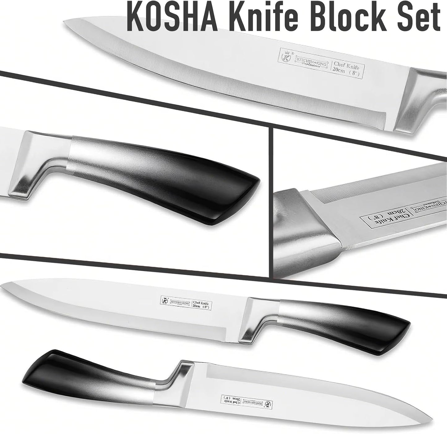 Kitchen Knife Set, 9 Piece Knife Set with Block, with Sharpener, High Carbon Stainless Steel Accessories for Kitchen, Rust Proof, Non-Stick Coated, Ergonomic Hollow Horseshoe-shaped Handle