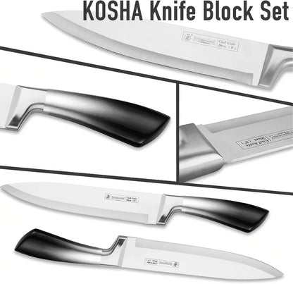 Kitchen Knife Set, 9 Piece Knife Set with Block, with Sharpener, High Carbon Stainless Steel Accessories for Kitchen, Rust Proof, Non-Stick Coated, Ergonomic Hollow Horseshoe-shaped Handle