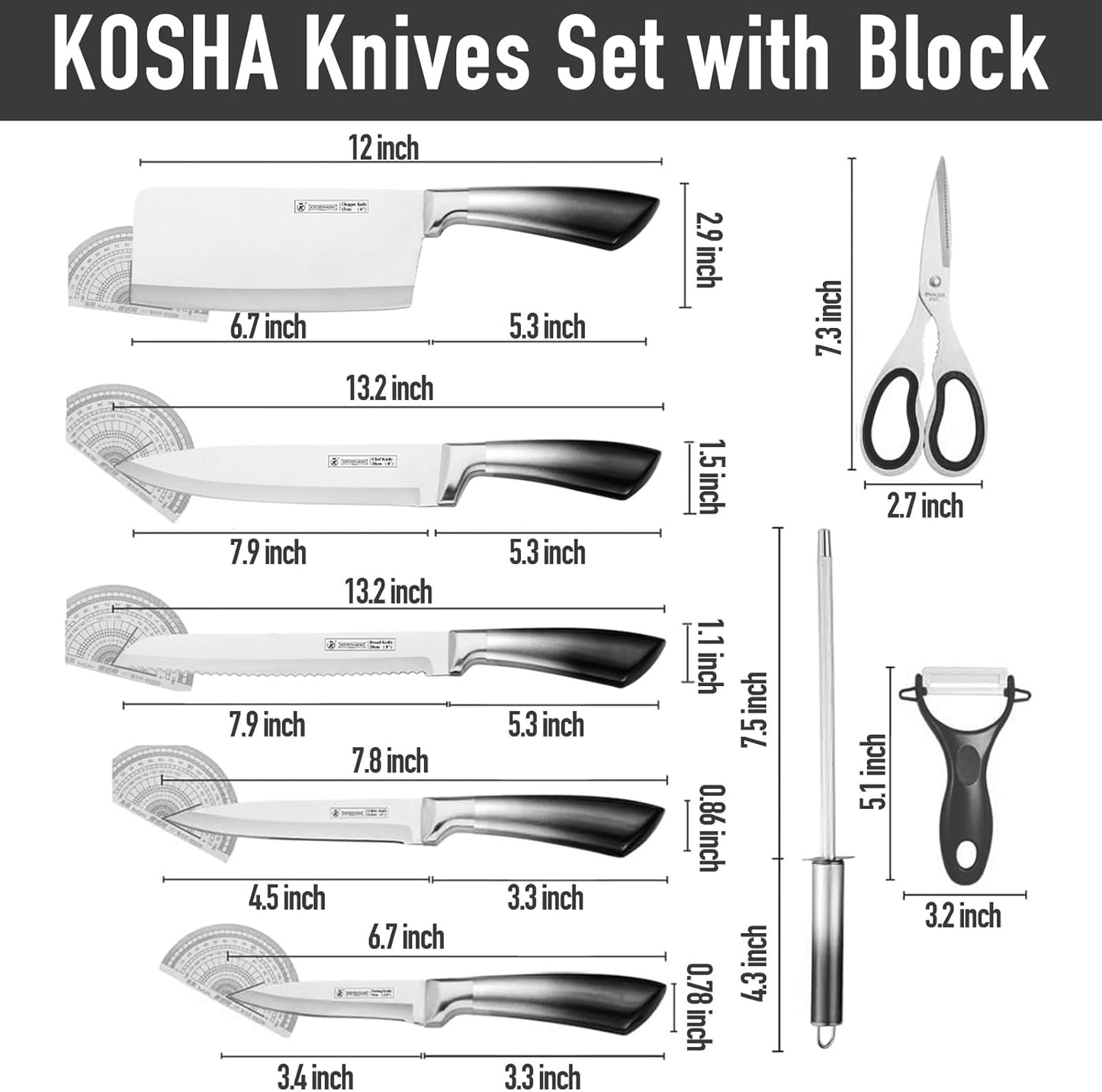 Kitchen Knife Set, 9 Piece Knife Set with Block, with Sharpener, High Carbon Stainless Steel Accessories for Kitchen, Rust Proof, Non-Stick Coated, Ergonomic Hollow Horseshoe-shaped Handle