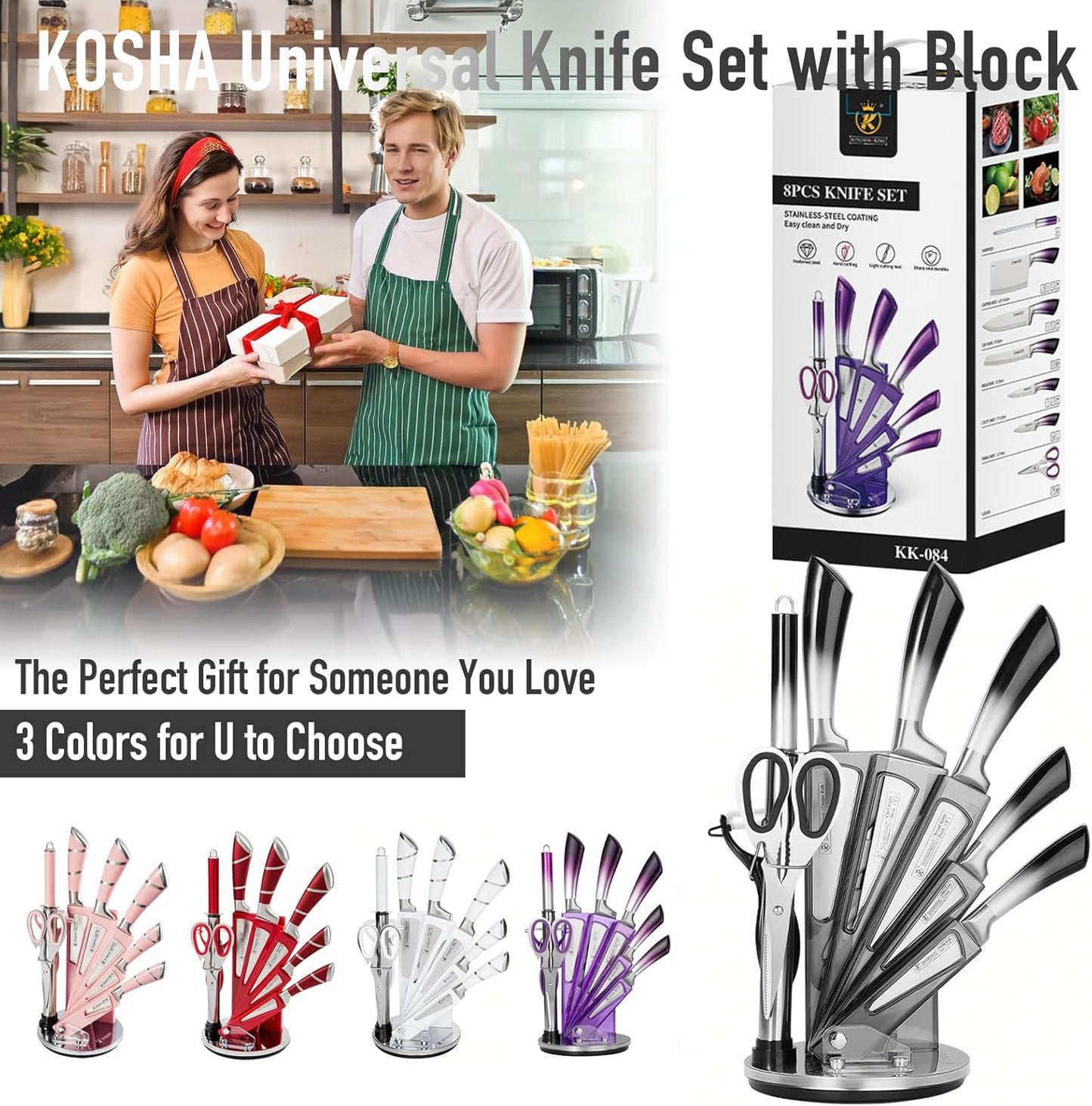 Kitchen Knife Set, 9 Piece Knife Set with Block, with Sharpener, High Carbon Stainless Steel Accessories for Kitchen, Rust Proof, Non-Stick Coated, Ergonomic Hollow Horseshoe-shaped Handle