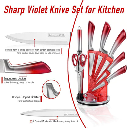 Kitchen Knife Set, 9 Piece Knife Set with Block, with Sharpener, High Carbon Stainless Steel Accessories for Kitchen, Rust Proof, Non-Stick Coated, Ergonomic Hollow Horseshoe-shaped Handle