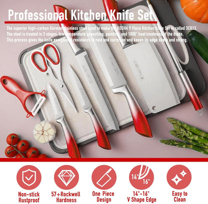 Kitchen Knife Set, 9 Piece Knife Set with Block, with Sharpener, High Carbon Stainless Steel Accessories for Kitchen, Rust Proof, Non-Stick Coated, Ergonomic Hollow Horseshoe-shaped Handle