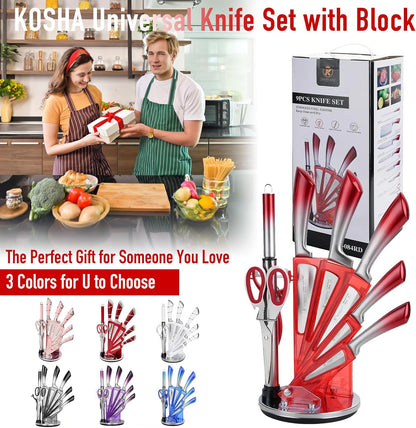 Kitchen Knife Set, 9 Piece Knife Set with Block, with Sharpener, High Carbon Stainless Steel Accessories for Kitchen, Rust Proof, Non-Stick Coated, Ergonomic Hollow Horseshoe-shaped Handle