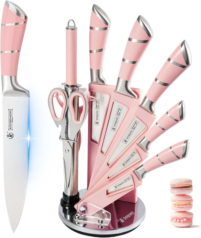 Kitchen Knife Set, 9 Piece Knife Set with Block, with Sharpener, High Carbon Stainless Steel Accessories for Kitchen, Rust Proof, Non-Stick Coated, Ergonomic Hollow Horseshoe-shaped Handle