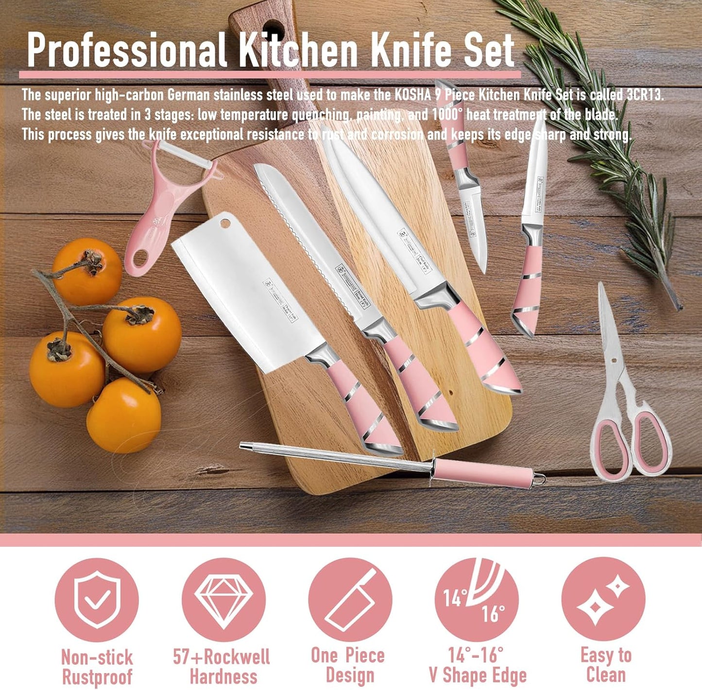 Kitchen Knife Set, 9 Piece Knife Set with Block, with Sharpener, High Carbon Stainless Steel Accessories for Kitchen, Rust Proof, Non-Stick Coated, Ergonomic Hollow Horseshoe-shaped Handle