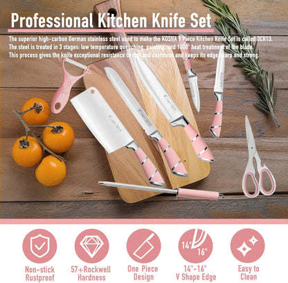 Kitchen Knife Set, 9 Piece Knife Set with Block, with Sharpener, High Carbon Stainless Steel Accessories for Kitchen, Rust Proof, Non-Stick Coated, Ergonomic Hollow Horseshoe-shaped Handle
