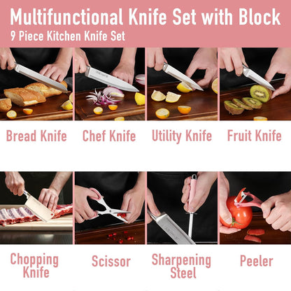 Kitchen Knife Set, 9 Piece Knife Set with Block, with Sharpener, High Carbon Stainless Steel Accessories for Kitchen, Rust Proof, Non-Stick Coated, Ergonomic Hollow Horseshoe-shaped Handle