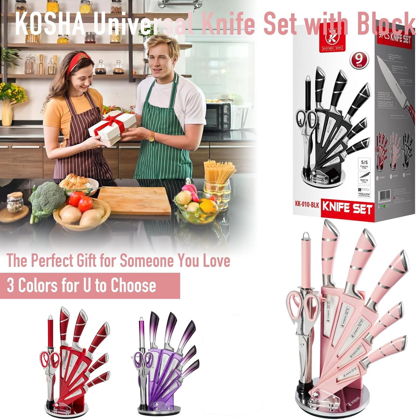 Kitchen Knife Set, 9 Piece Knife Set with Block, with Sharpener, High Carbon Stainless Steel Accessories for Kitchen, Rust Proof, Non-Stick Coated, Ergonomic Hollow Horseshoe-shaped Handle