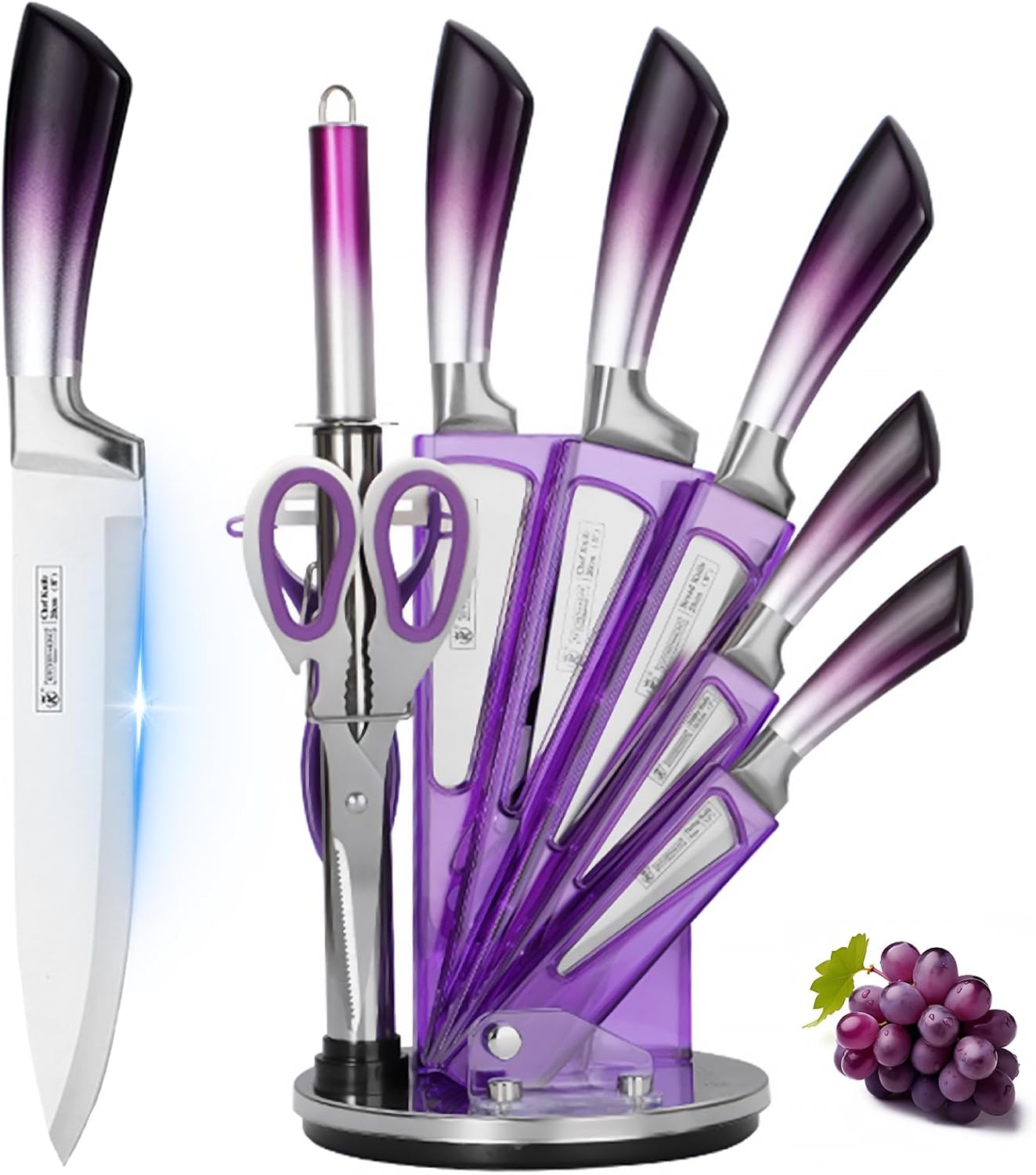 Kitchen Knife Set, 9 Piece Knife Set with Block, with Sharpener, High Carbon Stainless Steel Accessories for Kitchen, Rust Proof, Non-Stick Coated, Ergonomic Hollow Horseshoe-shaped Handle