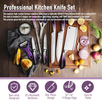 Kitchen Knife Set, 9 Piece Knife Set with Block, with Sharpener, High Carbon Stainless Steel Accessories for Kitchen, Rust Proof, Non-Stick Coated, Ergonomic Hollow Horseshoe-shaped Handle