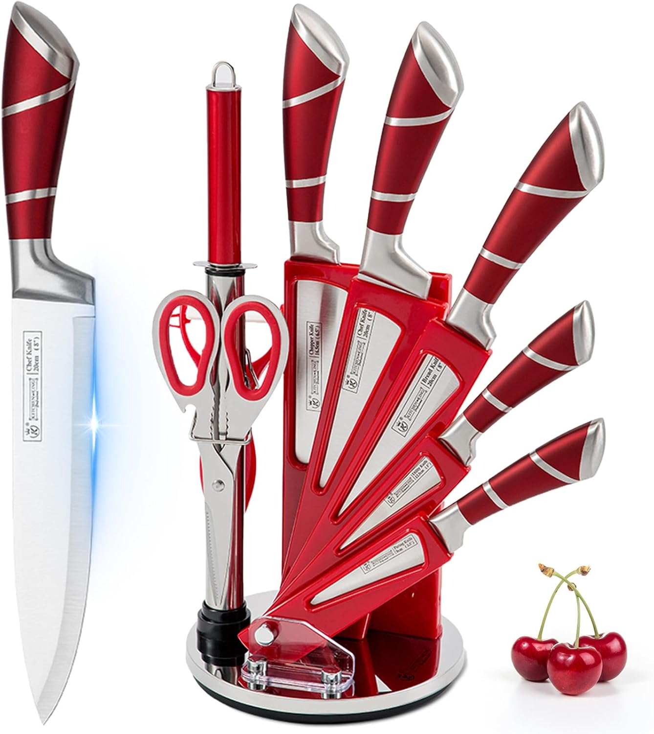 Kitchen Knife Set, 9 Piece Knife Set with Block, with Sharpener, High Carbon Stainless Steel Accessories for Kitchen, Rust Proof, Non-Stick Coated, Ergonomic Hollow Horseshoe-shaped Handle