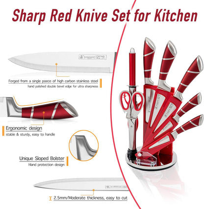 Kitchen Knife Set, 9 Piece Knife Set with Block, with Sharpener, High Carbon Stainless Steel Accessories for Kitchen, Rust Proof, Non-Stick Coated, Ergonomic Hollow Horseshoe-shaped Handle