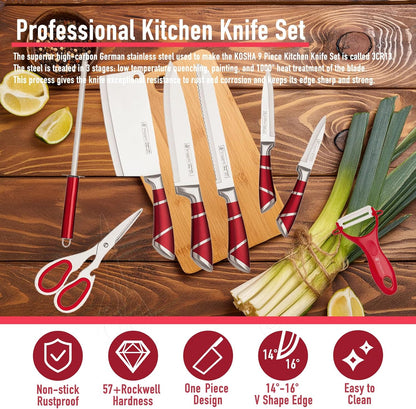 Kitchen Knife Set, 9 Piece Knife Set with Block, with Sharpener, High Carbon Stainless Steel Accessories for Kitchen, Rust Proof, Non-Stick Coated, Ergonomic Hollow Horseshoe-shaped Handle