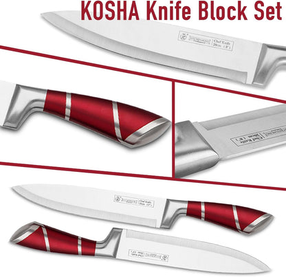 Kitchen Knife Set, 9 Piece Knife Set with Block, with Sharpener, High Carbon Stainless Steel Accessories for Kitchen, Rust Proof, Non-Stick Coated, Ergonomic Hollow Horseshoe-shaped Handle