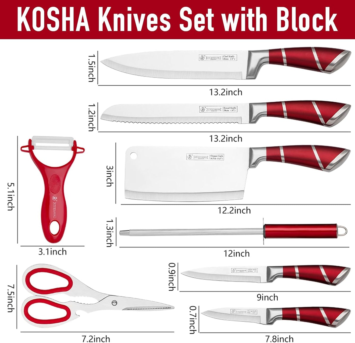 Kitchen Knife Set, 9 Piece Knife Set with Block, with Sharpener, High Carbon Stainless Steel Accessories for Kitchen, Rust Proof, Non-Stick Coated, Ergonomic Hollow Horseshoe-shaped Handle
