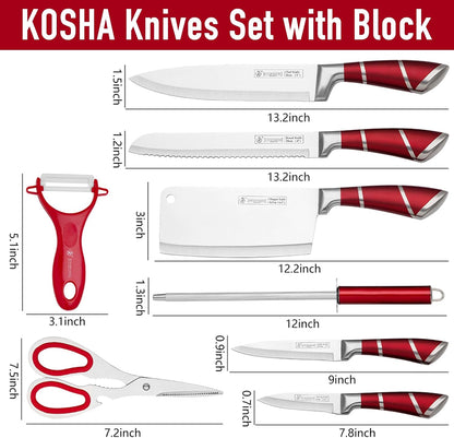 Kitchen Knife Set, 9 Piece Knife Set with Block, with Sharpener, High Carbon Stainless Steel Accessories for Kitchen, Rust Proof, Non-Stick Coated, Ergonomic Hollow Horseshoe-shaped Handle