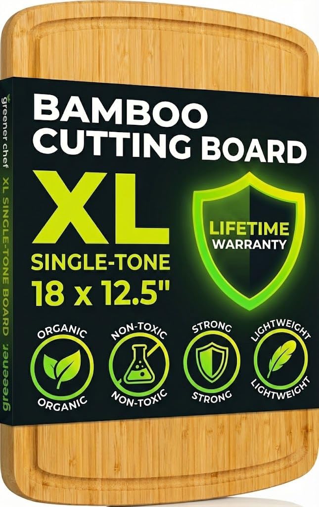 Luxury Bamboo Cutting Board (Extra Large) with Vertical Grain Strength Technology - Non Toxic, Spacious and Lightweight 18" XL Chopping Board Gift - Replacements for Life