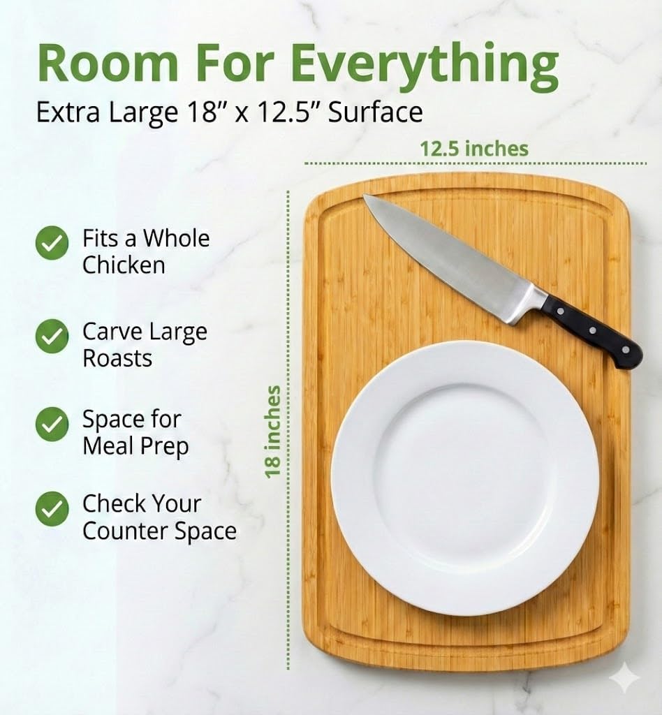 Luxury Bamboo Cutting Board (Extra Large) with Vertical Grain Strength Technology - Non Toxic, Spacious and Lightweight 18" XL Chopping Board Gift - Replacements for Life