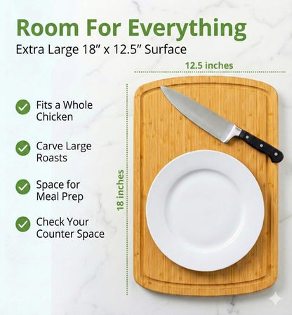 Luxury Bamboo Cutting Board (Extra Large) with Vertical Grain Strength Technology - Non Toxic, Spacious and Lightweight 18" XL Chopping Board Gift - Replacements for Life