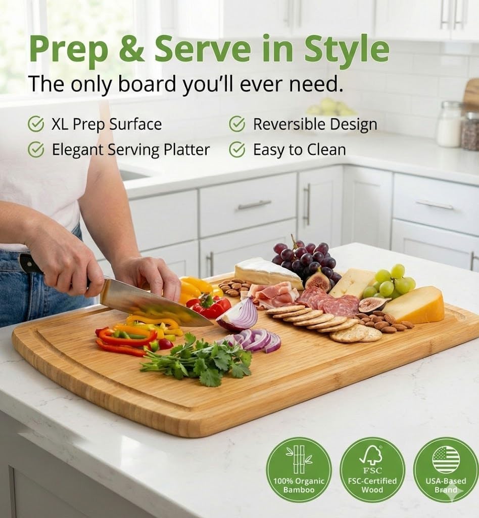 Luxury Bamboo Cutting Board (Extra Large) with Vertical Grain Strength Technology - Non Toxic, Spacious and Lightweight 18" XL Chopping Board Gift - Replacements for Life
