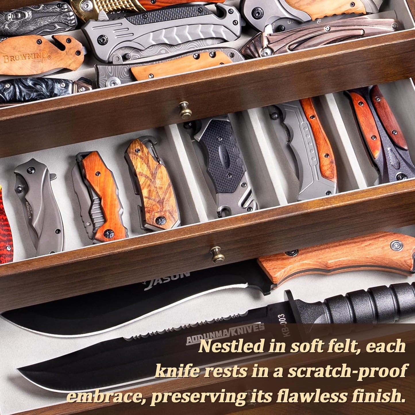 5-Tier Large Knife Display Case & Organizer, Wooden Pocket Knife Storage Box with Transparent Lid, Collector-Grade Holder for Folding Knives and Daggers, Ideal Men‘s Gift