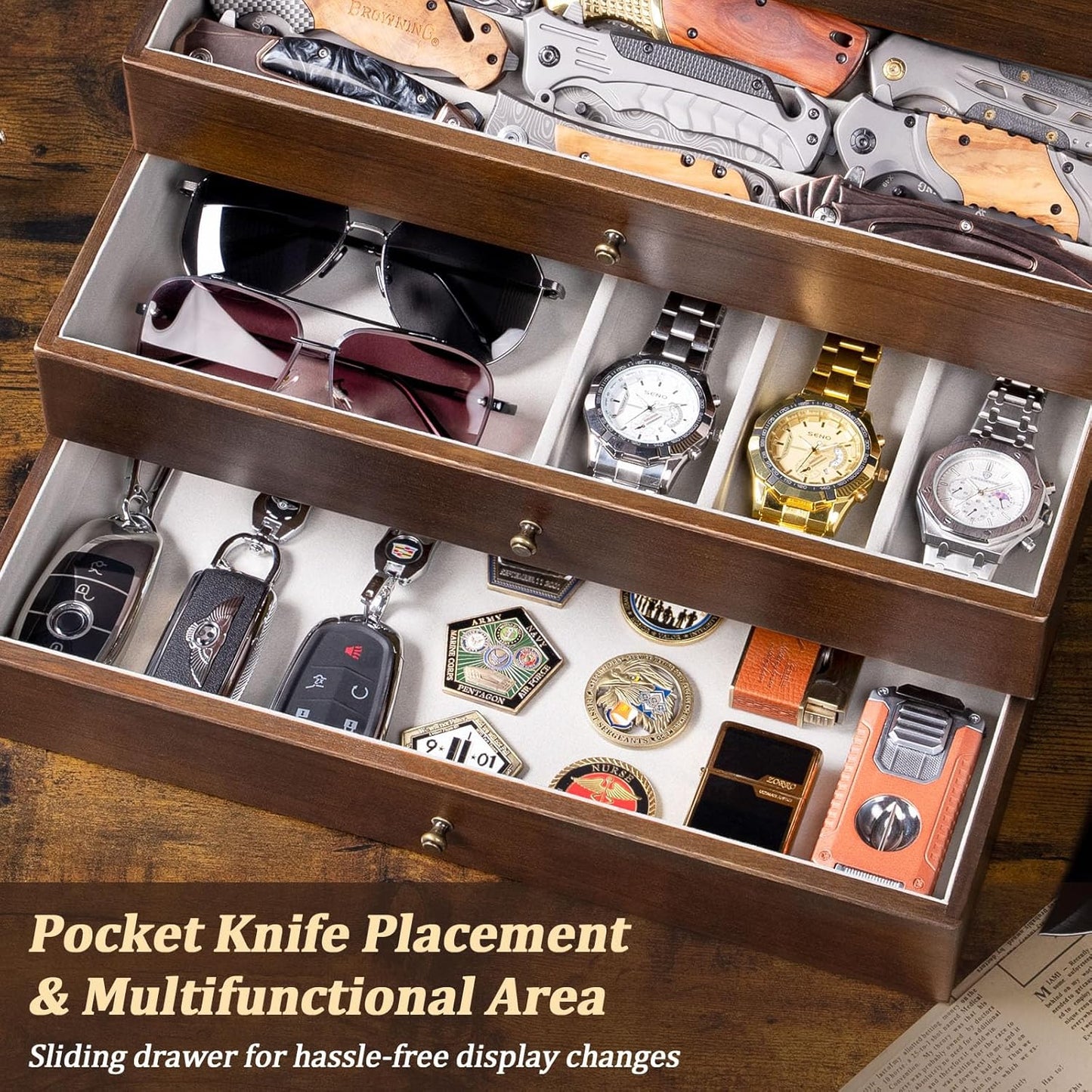 5-Tier Large Knife Display Case & Organizer, Wooden Pocket Knife Storage Box with Transparent Lid, Collector-Grade Holder for Folding Knives and Daggers, Ideal Men‘s Gift