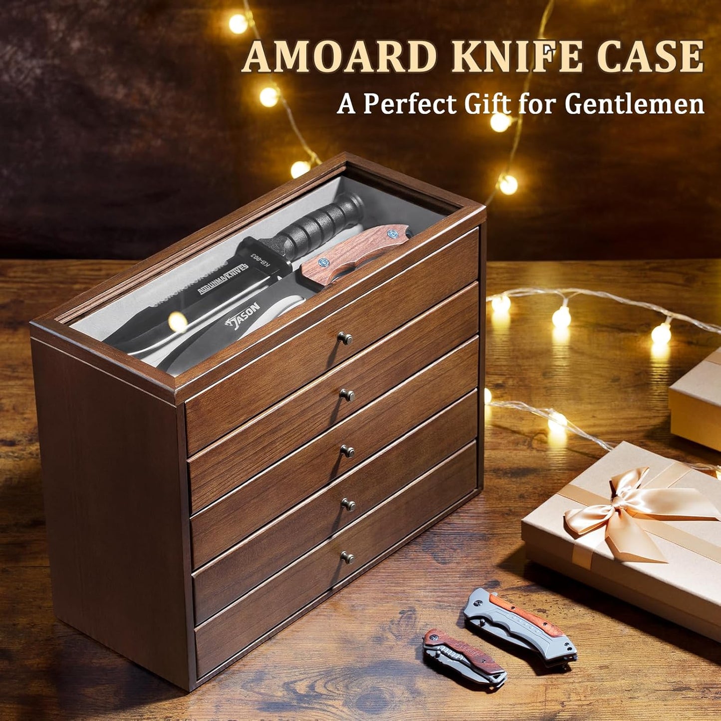 5-Tier Large Knife Display Case & Organizer, Wooden Pocket Knife Storage Box with Transparent Lid, Collector-Grade Holder for Folding Knives and Daggers, Ideal Men‘s Gift